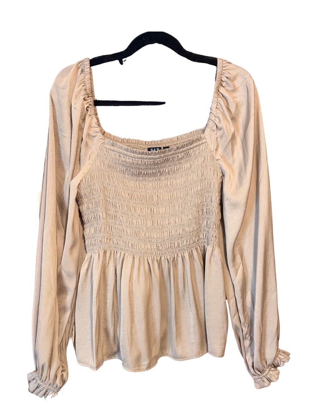 GAP Smocked Peasant Blouse | Beige | Large Tall | 26” Length | Puff Sleeve